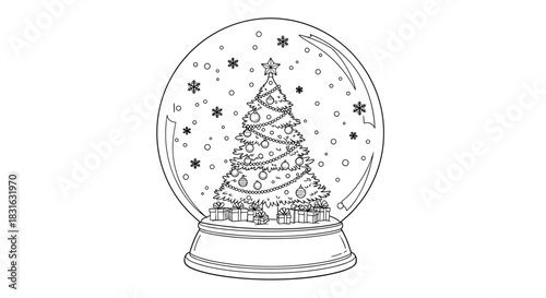 Black and white line drawing of a Christmas snow globe with a decorated tree and presents inside perfect for holiday coloring pages.