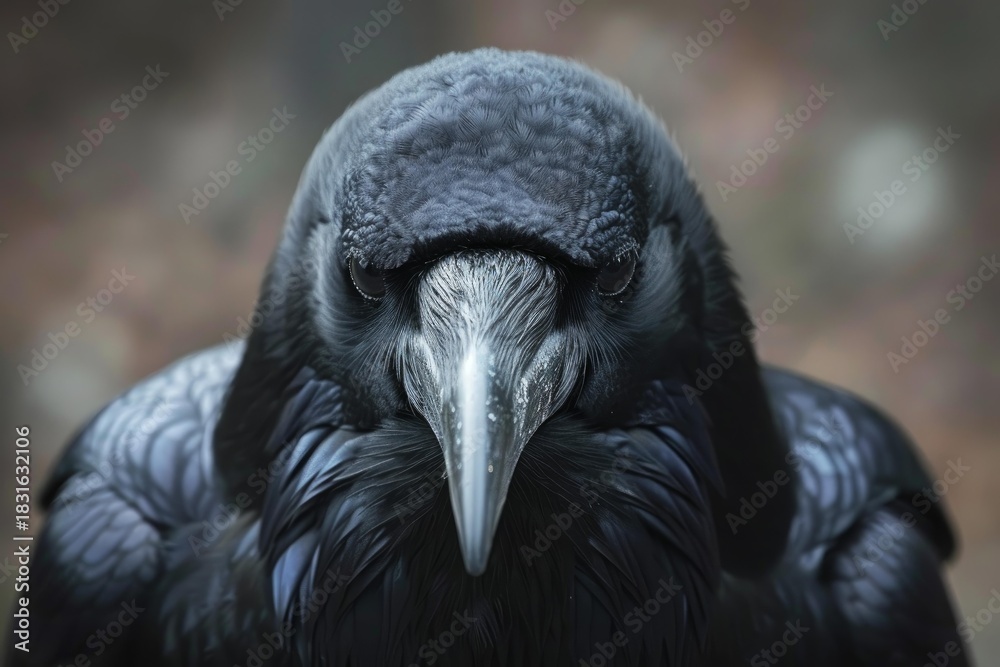 Obraz premium Close up portrait of a raven with glossy black feathers and sharp beak, conveying intelligence and mystery