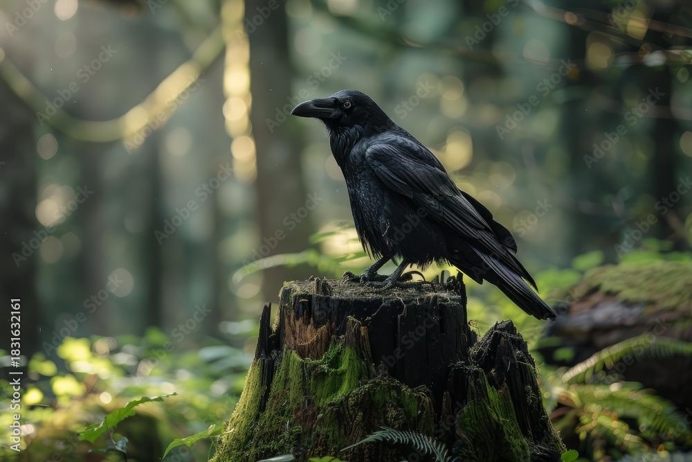 Fototapeta premium Raven standing on mossy stump in a forest with sunlight shining through trees