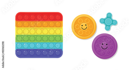 Collection of popular colorful sensory fidget toys including a rainbow pop-it and simple dimple for stress relief and fun.