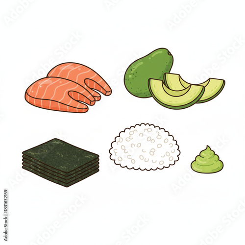 Fresh sushi ingredients set: salmon, avocado, rice, nori, and wasabi. isolated.