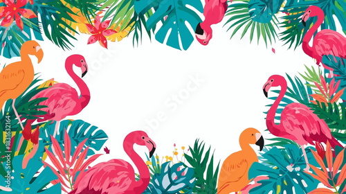 A vibrant, tropical illustration featuring colorful flamingos, lush green leaves, and exotic flowers, creating a lively and inviting summer scene.