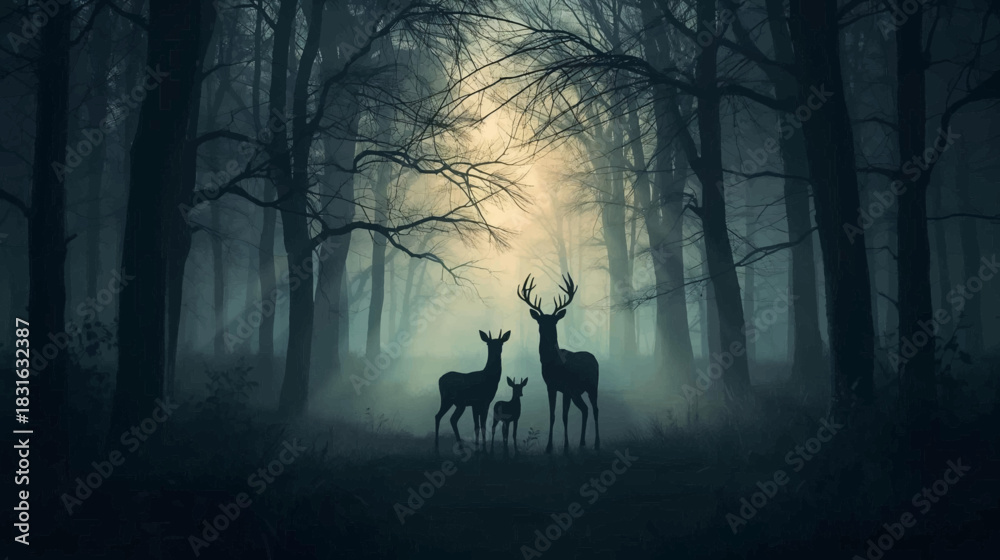 Obraz premium A serene family of deer stands silhouetted against a mystical, foggy forest backdrop, illuminated by a soft, ethereal light.