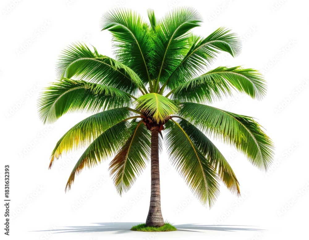 Fototapeta premium Vibrant, isolated coconut palm tree with lush green fronds casting a shadow on a white background.