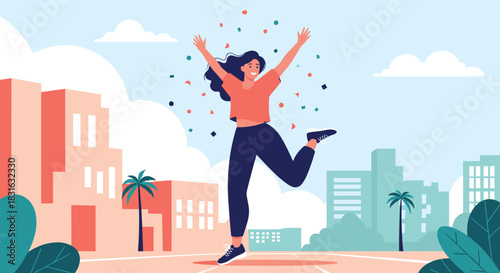 Happy young woman jumping with excitement and joy in a city park with confetti falling to celebrate success and freedom.