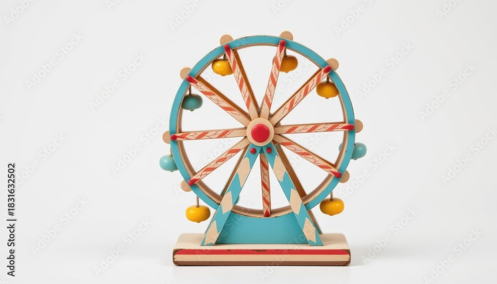 Obraz premium isolated on white with studio clarity: miniature ferris wheel toy crafted from birch plywood, storybook inspired, suitable for kids aged 3–6 learning shapes and colors, in candy striped colors