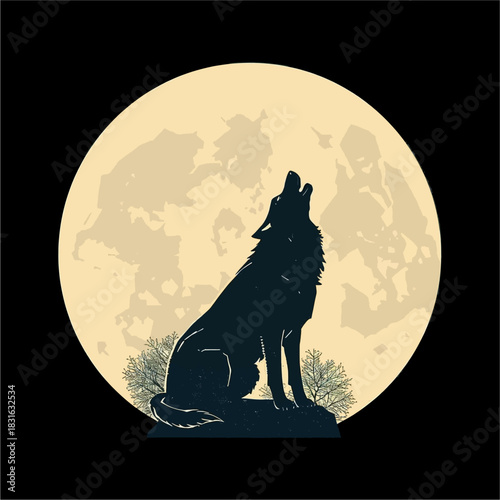 A lone wolf silhouette howls at the full moon, a striking illustration of nature's beauty and the wild spirit.