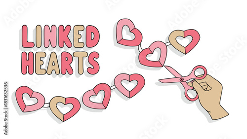 Hand holding scissors cutting a chain of linked hearts symbolizing breaking connections or relationships