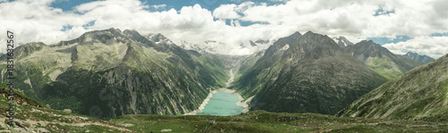 Wide Alpine Panorama of Schlegeis Reservoir and Zillertal Mountains
