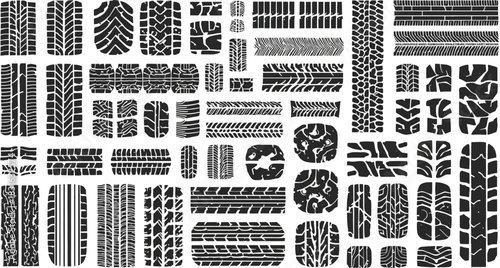 A comprehensive collection of diverse tire tread patterns, showcasing various designs and textures for automotive and transportation use.