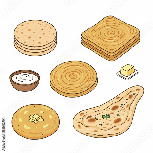 Traditional indian flatbreads, butter and yogurt food vector art