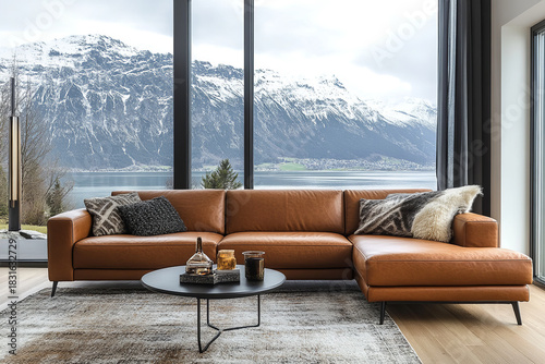 Luxury interior decor features panoramic windows. Modern living room highlights leather sectional sofa and mountain view, creating elegant space. Decor sleek.