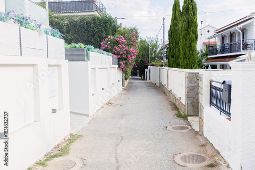 Fototapeta Naklejka Na Ścianę i Meble -  Narrow alleyway between white walls in a Mediterranean village