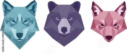 Geometric illustrations of wolf, bear, and fox faces, showcasing modern art and wildlife aesthetics with a minimalist design.