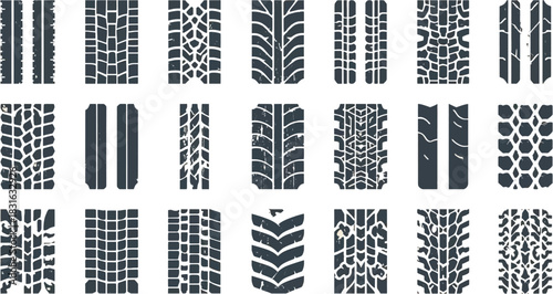 A collection of various tire track patterns, showcasing diverse tread designs and textures, perfect for automotive or transportation-related projects.