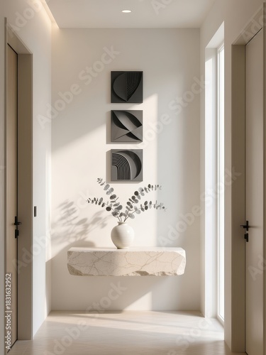 Minimalist Japandi hallway with floating stone console and art