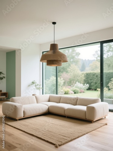 Minimalist living room interior with beige sofa and garden view