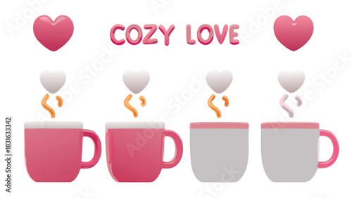 Cozy love heart shaped steam rising from coffee mugs on a white background