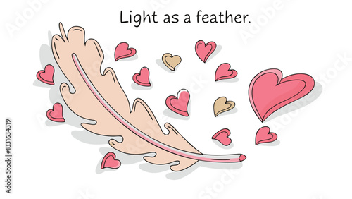 Delicate pink feather floats gently surrounded by a scattering of small pink and beige hearts on a white background