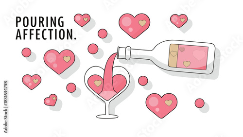 A bottle pours pink liquid shaped like hearts into a heart shaped glass surrounded by floating hearts and circles