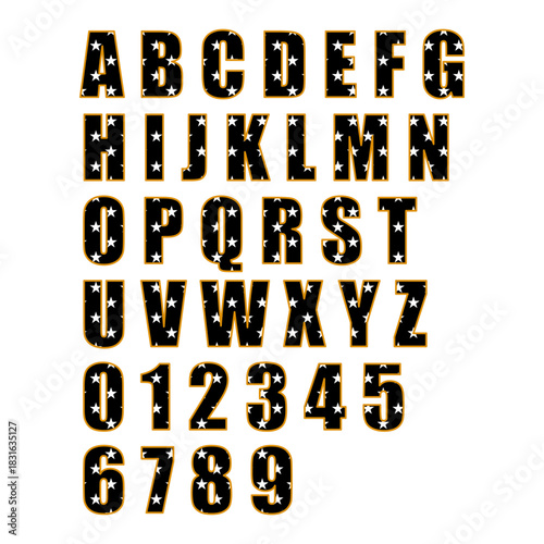 Star pattern alphabet and number set with black and orange outline design