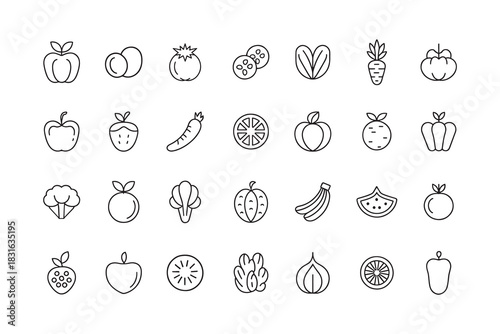 Assortment of Fresh Fruit and Vegetable Icons apple strawberry