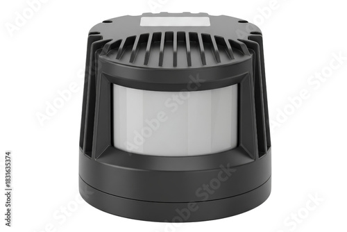 Modern black motion sensor detector with wide white plastic lens isolated on a transparent background