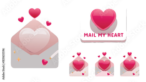 Collection of cute pink and red hearts spilling out of envelopes with a mail my heart graphic