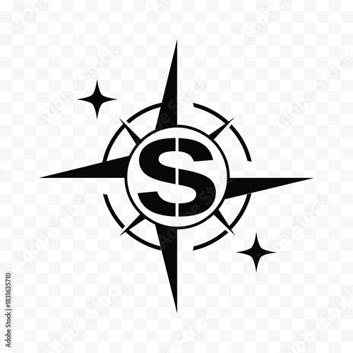 Black compass rose symbol with letter S in the center and starburst accents navigation direction