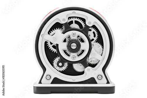 Planetary gearbox mechanism with internal white gears in housing isolated on a transparent background