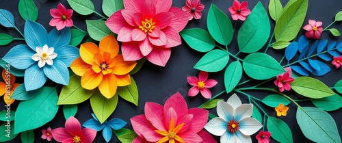 Layered paper cut flowers & leaves, vibrant flat design floral arrangement,  delicate,  nature