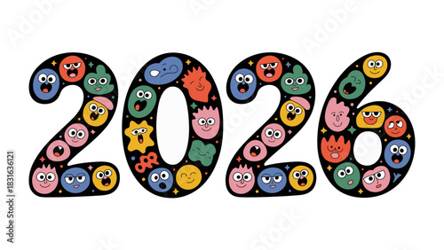 Year 2026: An eye-catching illustration of the year 2026, composed of playful, animated characters with diverse expressions and vibrant colors, celebrating the future with cheerful enthusiasm.
