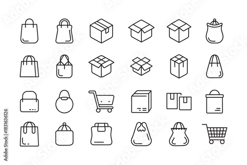 Collection of Shopping Bag and Box Line Icons paper bag package