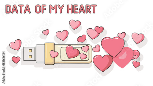 Digital love data storage concept with a usb drive filled with pink hearts and text data of my heart