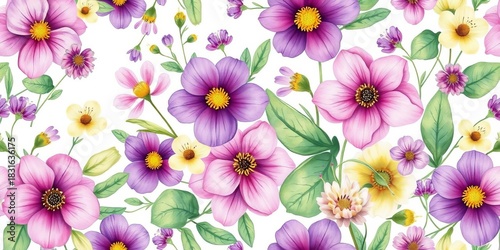 Rustic vintage watercolor floral seamless pattern featuring cute purple and green flowers, vintage, plant