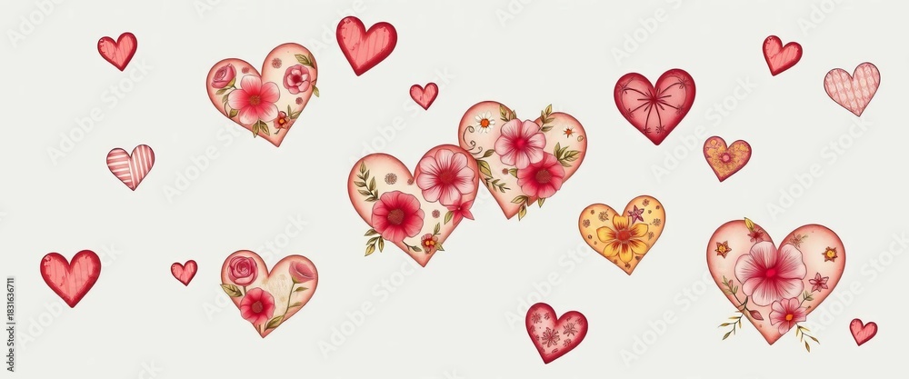 Fototapeta premium Whimsical hand-drawn floral hearts, vintage style, texture, soft