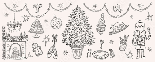 Christmas dinner party sketch of festive doodles decorated tree and fireplace, nutcracker. Ballet pointed shoes hanging on the ribbon. Crayon vector illustration of roasted turkey for dinner.