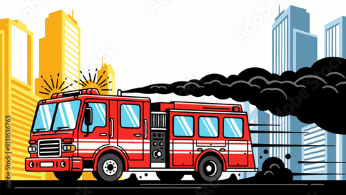 An illustrative depiction of a fire engine on an emergency call, contributing to urban air pollution with dense exhaust smoke. e