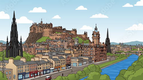 Edinburgh cityscape illustration with castle, buildings, river, and green scenery under a blue sky, ideal for travel or tourism projects