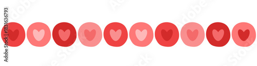 Seamless border with red and pink rounds with hearts. For email, headers, Valentines Day greetings, romantic messages, and festive digital designs. Repeating divider for sweet layouts