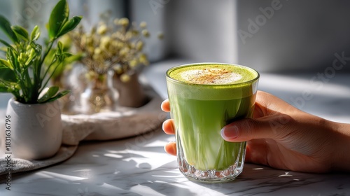 Hand holding pistachio latte in bright cafe setting