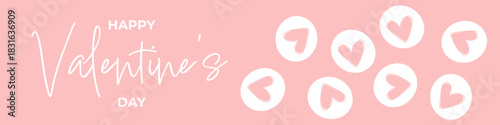 Valentines Day banner with handwritten typography and soft heart circles. For greeting layouts, email announcements, web promotions, love themed messages, and social media marketing