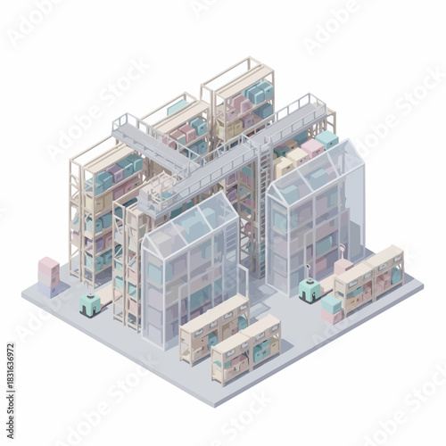 Vertical High-Rack Warehouse Tower Isometric Industrial 3D UI
