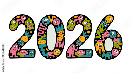 The Year 2026: An illustrated depiction of the year 2026, the numerals are adorned with playful cartoon characters, exuding joy and optimism, setting a lighthearted tone