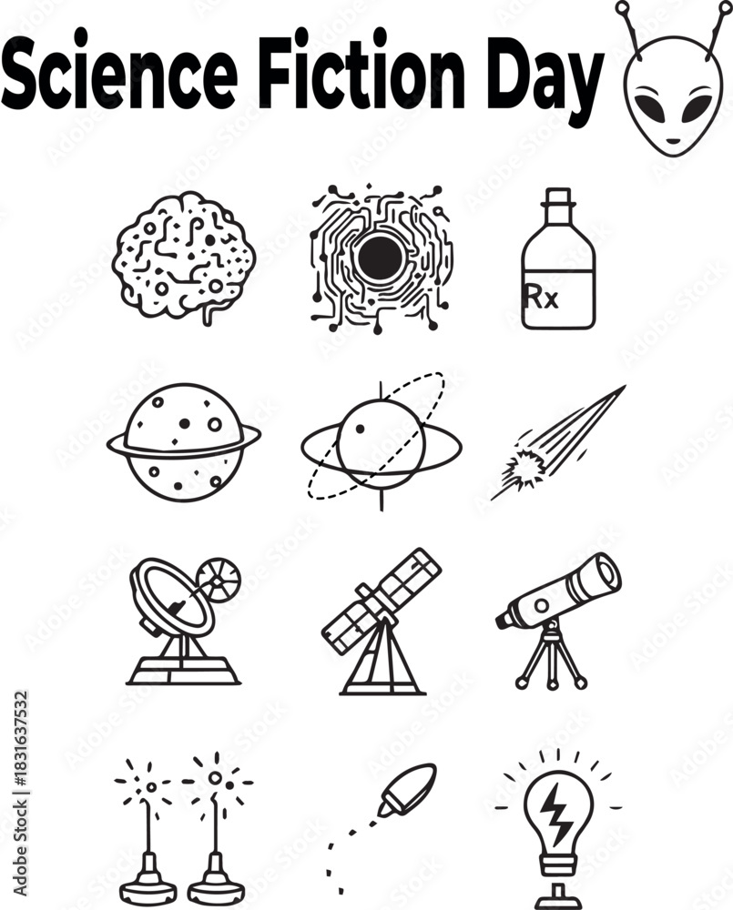 Fototapeta premium Science Fiction Day icon grid with alien face and symbols of space, innovation, medicine, and futuristic technology