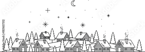 Minimalist winter village scene with snow covered cabins and pine trees design