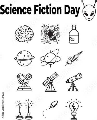 Science Fiction Day icon grid with alien face and symbols of space, innovation, medicine, and futuristic technology