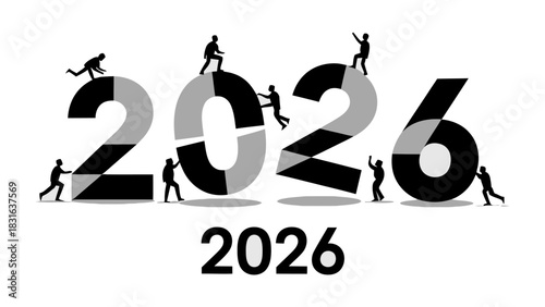 Unveiling 2026: A group of individuals labor together to unveil the year 2026, symbolizing the dawn of new beginnings. The graphic communicates unity and teamwork. 