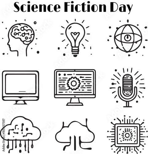 Science Fiction Day icon grid with AI, innovation, surveillance, nature-tech fusion, and futuristic technology symbols