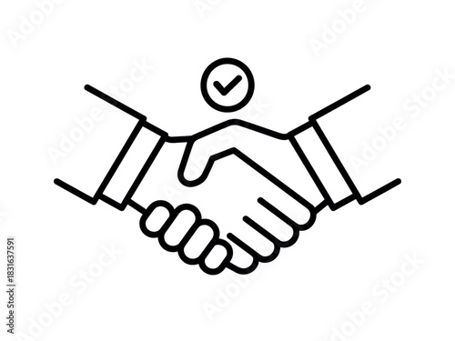 Two hands shaking in agreement with a checkmark above them.